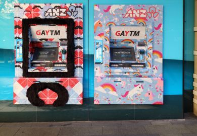 Sydney, Australia - February 23, 2016 ATM for Sydney's gay community and visitors of the Sydney Gay and Lesbian Mardi Gras festival in a male and female edition with beard and unicorn.