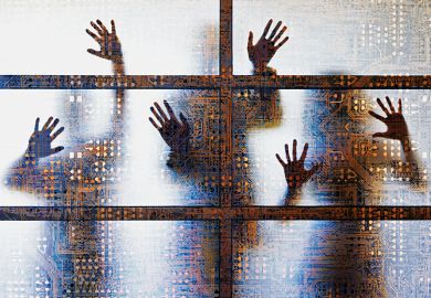 People outlined behind a screen showing computer circuitry People outlined behind a screen showing computer circuitry