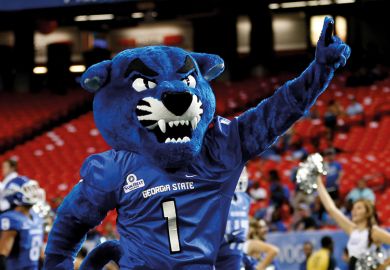 The Georgia State mascot leads the GSU team onto the field before the season-opening game for Georgia State University  The Georgia State mascot leads the GSU team onto the field before the season-opening game for Georgia State University