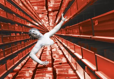 A statue surrounded by files