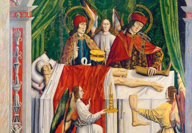 A painting showing Cosmas and Damian, the patron saints of medicine, replacing a patient’s infected leg with the healthy leg of a person who had died A painting showing Cosmas and Damian, the patron saints of medicine, replacing a patient’s infected leg with the healthy leg of a person who had died