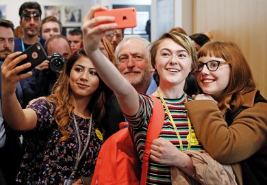 Jeremy Corbyn, the leader of Britain's opposition Labour Party, poses for selfies at a campaign event in Leeds, May 10, 2017
