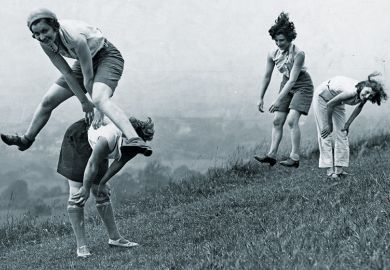 women leapfrog. Vintage