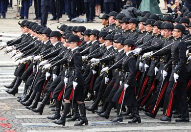 Students of the Ecole Polytechnique school march during the traditional Bastille Day military parade. France