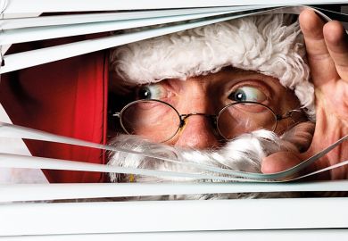 Santa peeping through blinds