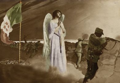 Postcard of soldier in trench with an angel