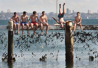 Children play on a shark net at Little Manly Cove, Australia