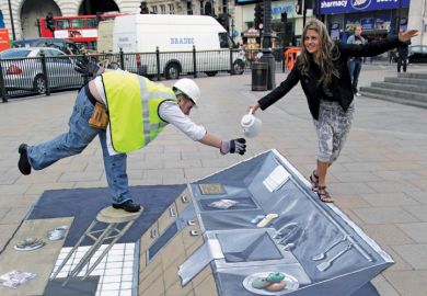 A street performance dressed as a builder balancing 