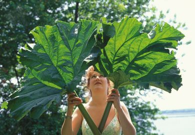 Woman holding large leaves