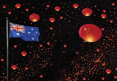Australian flag with Chinese speech bubbles / lanterns