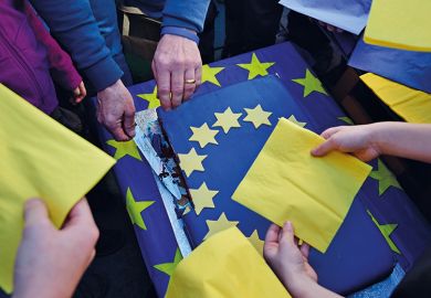 A man cuts a piece of an EU cake
