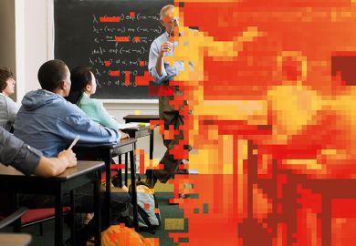 Lecturer in classroom, half pixelated