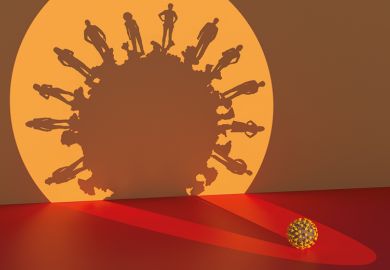 Illustration of coronavirus casting a shadow, with people standing around the virus.