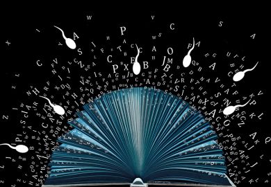 Image of open book with letters flying out and cartoon sperm flying in