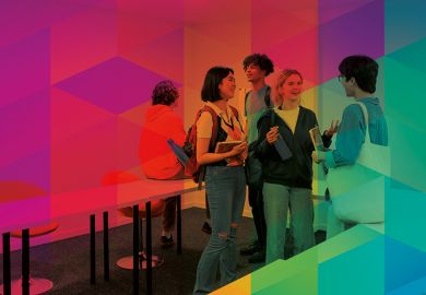 Image showing students talking against a backdrop of a spectrum of colour to illustrate the wide spectrum of neurodiverse needs