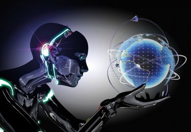 Futuristic robot searching location on the globe. Futuristic robot searching location on the globe.