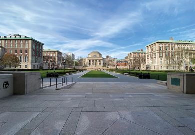 A wide view of the campus lawn at Columbia University during the coronavirus pandemic on April 14, 2020 in New York City.