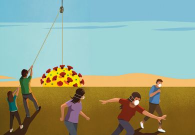 Illustration of people pulling up the sun / Covid-19 virus whilst others are running away Illustration of people pulling up the sun / Covid-19 virus whilst others are running away