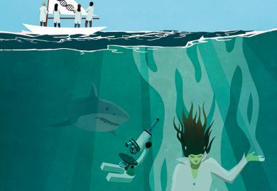 Illustration of an academic sinking down into the sea Illustration of an academic sinking down into the sea