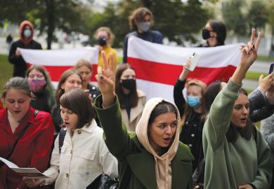 Students make V-signs as they stage a protest outside Minsk State Linguistic University. Mass protests erupted in major cities across Belarus after the announcement of the results of the 2020 Belarusian presidential election on August 9 Students make V-signs as they stage a protest outside Minsk State Linguistic University. Mass protests erupted in major cities across Belarus after the announcement of the results of the 2020 Belarusian presidential election on August 9