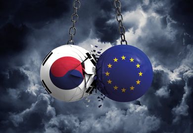 Image of two wrecking balls colliding: one painted with South Korea flag, one painted with the European Union flag