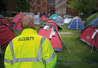 `montage of a security guard looking at tents elonging to pro-Palestinian protesters camping outside Manchester University to illustrate We security guards won’t be taking the US approach to encampments