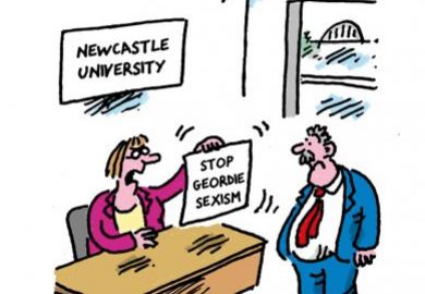 Cartoon of woman sat at a desk at Newcastle University showing a man a sign saying “Stop Geordie sexism”. She says: “It's my pet project.”