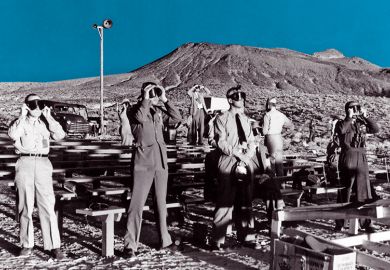 Canadian and British observers illumined by both the sun and an atomic blast of ABLE, a 1-kiloton atomic bomb. January 27, 1951 Canadian and British observers illumined by both the sun and an atomic blast of ABLE, a 1-kiloton atomic bomb. January 27, 1951