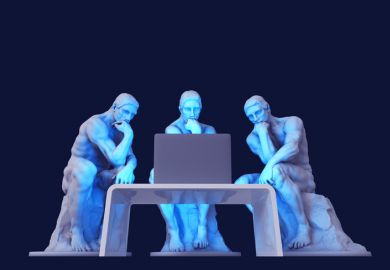Three thinker statues stare at a computer screen