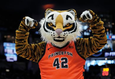 Man in a tiger suit wearing a Princeton sports shirt Man in a tiger suit wearing a Princeton sports shirt