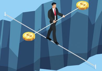 A man walks a tightrope with a pole bearing dollar coins, symbolising donor pressure