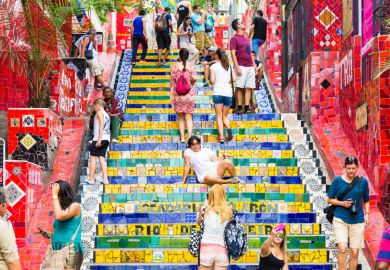 Tourists visiting Selaron stairway, Rio de Janeiro, Brazil