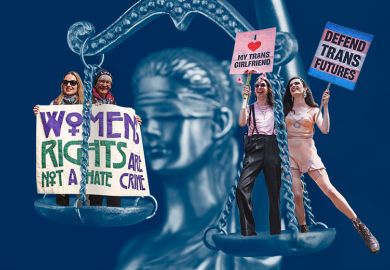 Montage of defenders of women's rights and transgender activists on the scales of justice. As an illustration that many UK universities’ trans inclusion policies contravene equality law.