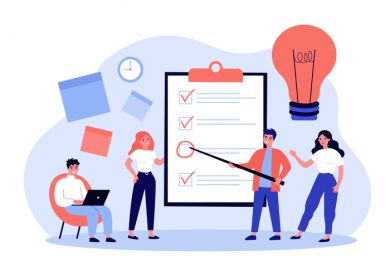 Cartoon figures point to bullet points on a clipboard