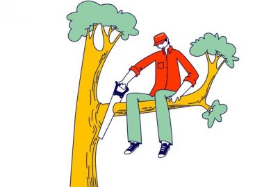 A man cuts off the tree branch he is sitting on, illustrating unintended consequences