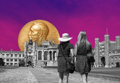 Two women in Trinity College front court, Cambridge, UK. With a Nobel prize medal in the background