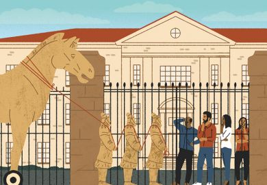 Illustration of a Trojan horse outside a university