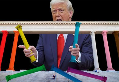 Donald Trump pulling apart columns from the Widener Library at Harvard painted in LGBT colours. To illustrate the president’s crackdown on EDI.