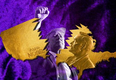 Nobel prize medal in the shape of a map of the US being smashed by Donald Trump. To illustrate fears that Trump’s assault on the US’ world-leading research ecosystem could choke off the flow of future prizes.