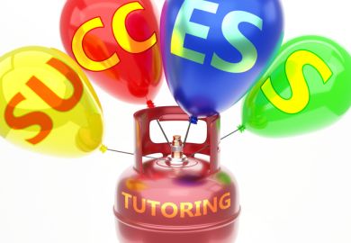 A 'tutoring success' slogan on balloons illustrating an opinion article by Harvey J. Graff on university slogans