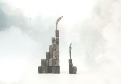 A man on a tall pile of bricks looks down on one on a smaller pile