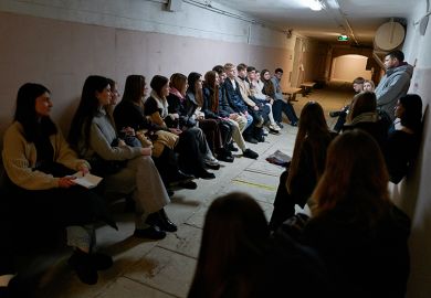 Students of Taras Shevchenko National University of Kyiv attend class in an underground shelter during an air raid alert on 3 March, 2025 in Kyiv, Ukraine