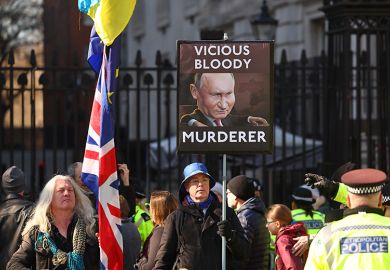 Demonstrators attend a rally in support of Ukraine opposite Downing Street on 2 March 2025 in London, England. To illustrate number of Russians coming to the UK for study has ‘collapsed’ during war in Ukraine, with Russians feeling they are not welcome Demonstrators attend a rally in support of Ukraine opposite Downing Street on 2 March 2025 in London, England. To illustrate number of Russians coming to the UK for study has ‘collapsed’ during war in Ukraine, with Russians feeling they are not welcome