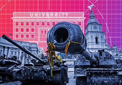 Montage of destroyed Russian tank in Kyiv, Ukraine with blueprint of university in the background. To illustrate some of problems experienced by Cintana in establishing the American University Kyiv just weeks before war broke out.