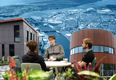 Montage of images from the new University of Cumbria outpost in Barrow, Cumbria, with an aerial view of Barrow in the background.
