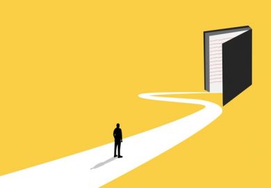 A businessman takes a winding path towards an open book, symbolising university recruitment