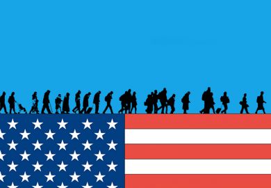 Illustration of people walking across top of the US flag, illustrating academics leaving America. Illustration of people walking across top of the US flag, illustrating academics leaving America.