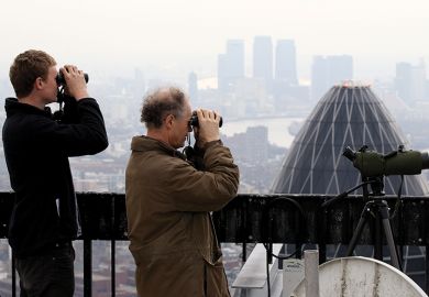Birdwatchers use binoculars to observe birds from the top of Tower 42, London, illustrating UK institutions seeking to hire EU professors and postdocs
