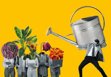 Montage of man holding oversized watering can over people with flowers instead of their heads to illustrate Is student success academia’s failure?