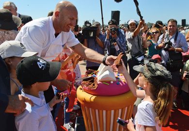 Celebrity chief Matt Moran cuts pieces of a giant cake of the Sydney Opera House as the world heritage-listed building celebrates its 40th birthday on October 20, 2013 Celebrity chief Matt Moran cuts pieces of a giant cake of the Sydney Opera House as the world heritage-listed building celebrates its 40th birthday on October 20, 2013